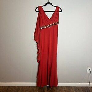 John Paul Ataker rust orange gemstone ruffle strappy gown